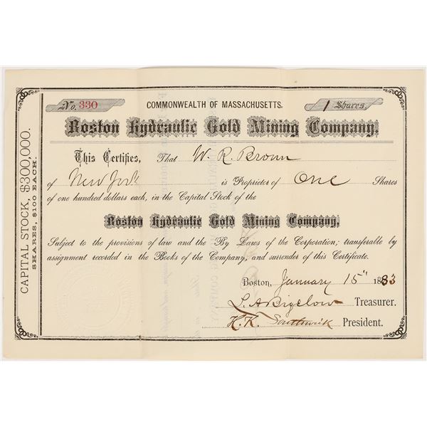 Boston Hydraulic Gold Mining Co. Stock Certificate, Calaveras County, CA 1883 [205252]