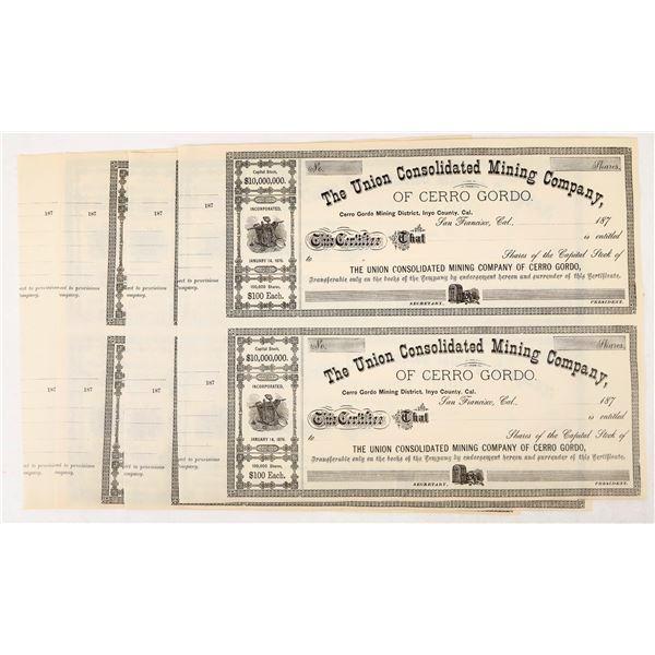 Union Consolidated Mining Co. of Cerro Gordo Stock Sheets (4) [207351]