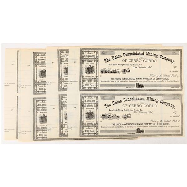 Union Consolidated Mining Co. of Cerro Gordo Stock Sheets (5) [207350]