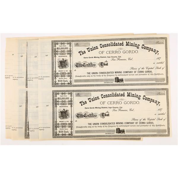 Union Consolidated Mining Co. of Cerro Gordo Stock Sheets (5) [207352]