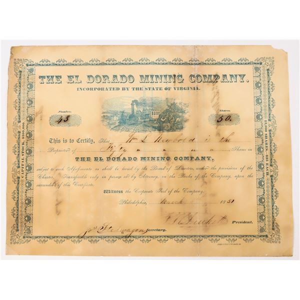 El Dorado Mining Company Stock Certificate, 1851, California Gold Rush [198135]