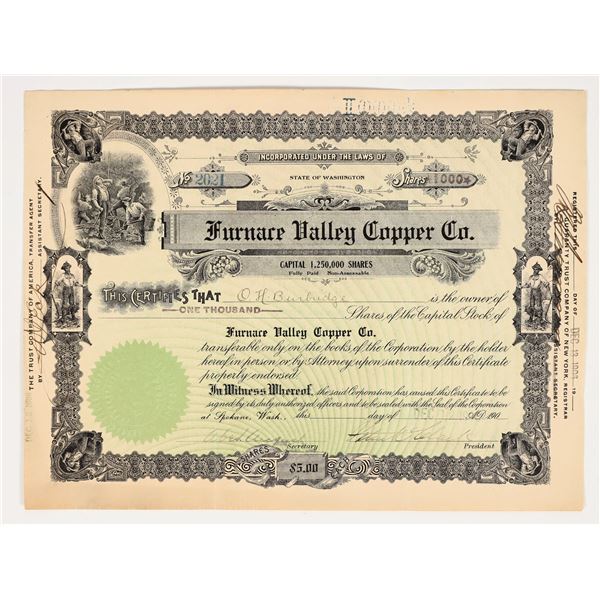 Furnace Valley Copper Company Stock Certificate, 1906, Patsy Clark Signed [204172]