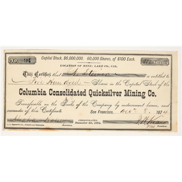 Columbia Consolidated Quicksilver Mining Co. Stock Certificate, 1874 [204141]