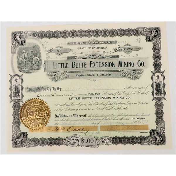 Little Butte Extension Mining Co. Stock Certificate, 1898, So. California Desert [198000]