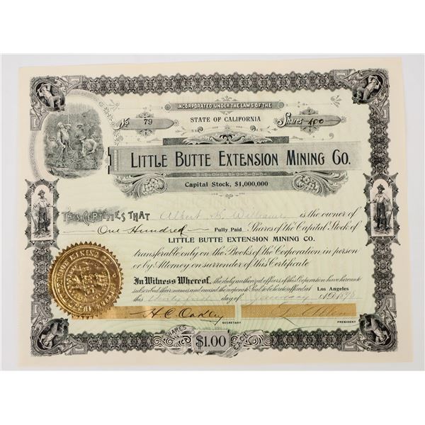 Little Butte Extension Mining Co. Stock Certificate, 1898, So. California Desert [198001]