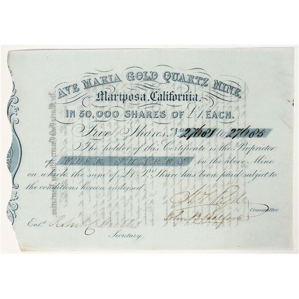 Ave Maria Gold Quartz Mine Stock Certificate, California Gold Rush [200861]