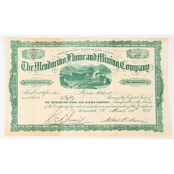 Mendocino Flume & Mining Company Stock Certificate, 1881 [198043]