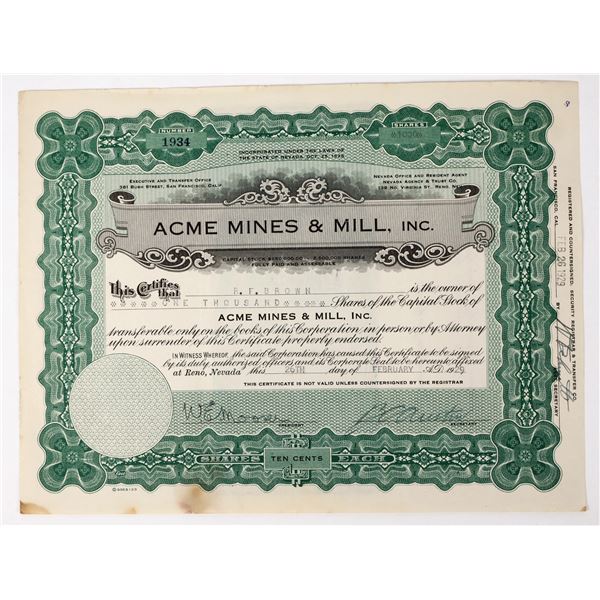 Acme Mines & Mill, Inc. Stock Certificate, 1929 (California Quicksilver) [198006]