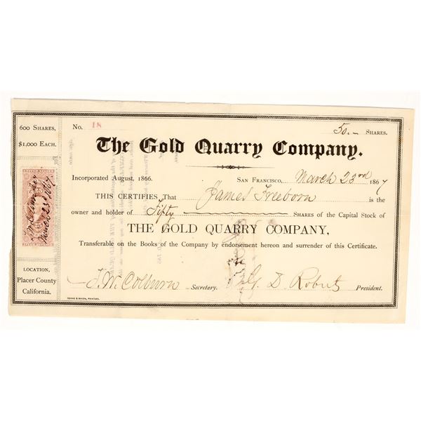 Gold Quarry Company Stock Certificate, Placer County, California, 1867 [195872]