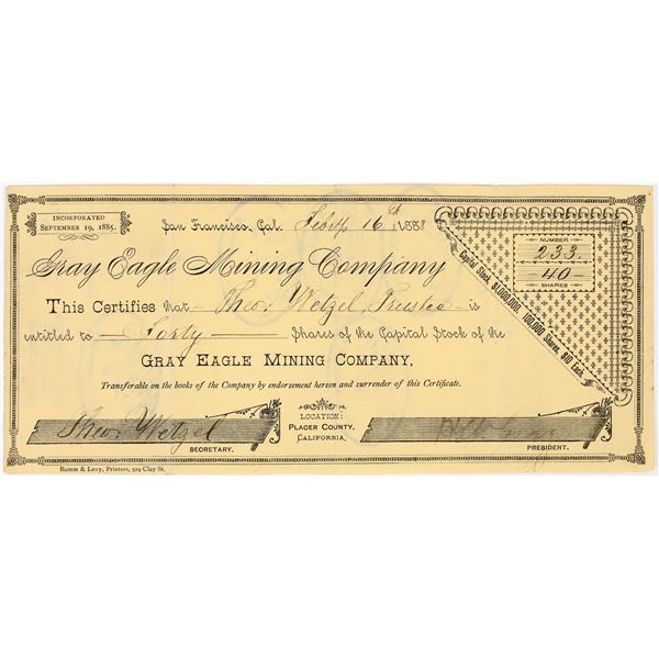 Gray Eagle Mining Company Stock Certificate, 1888 [198024]