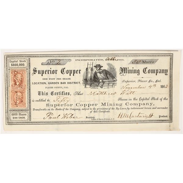 Superior Copper Mining Company Stock Certificate, Placer County, CA, 1863 [203941]