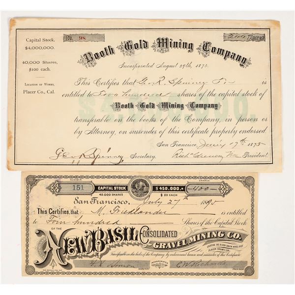 Two Different Rare Placer County, California Mining Stock Certificates [204167]