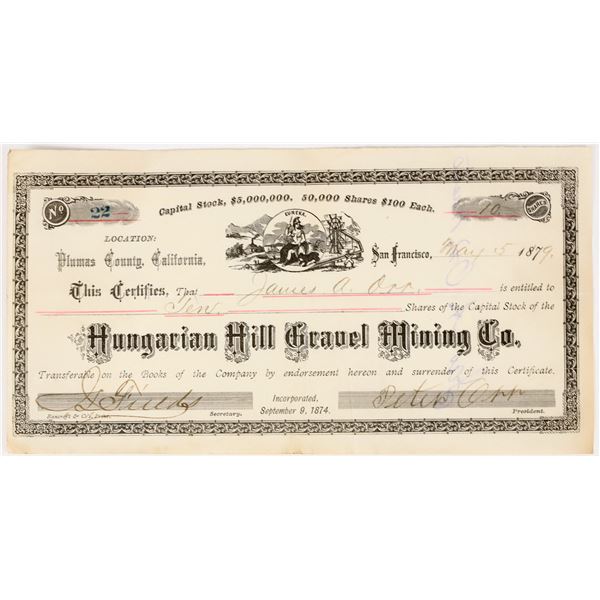 Hungarian Hill Gravel Mining Company Stock Certificate, 1879 [198027]