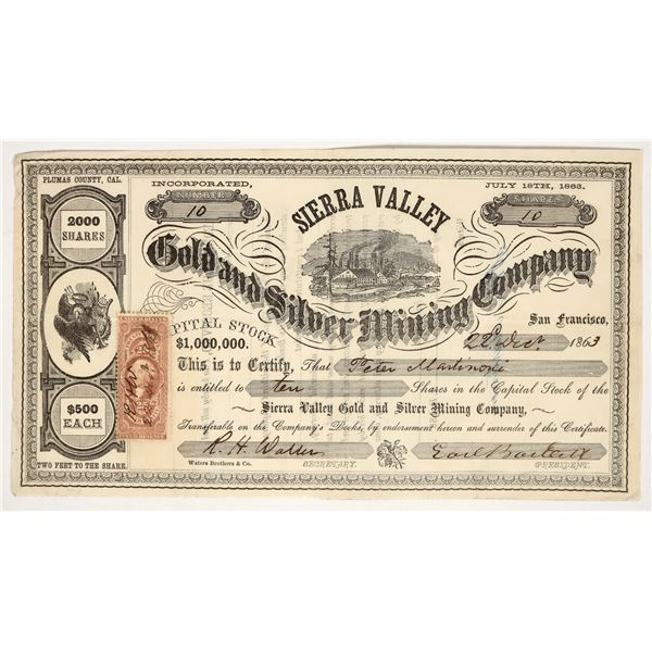 Sierra Valley Gold & Silver Mining Co. Stock Certificate, Plumas County, CA 1863 [203932]