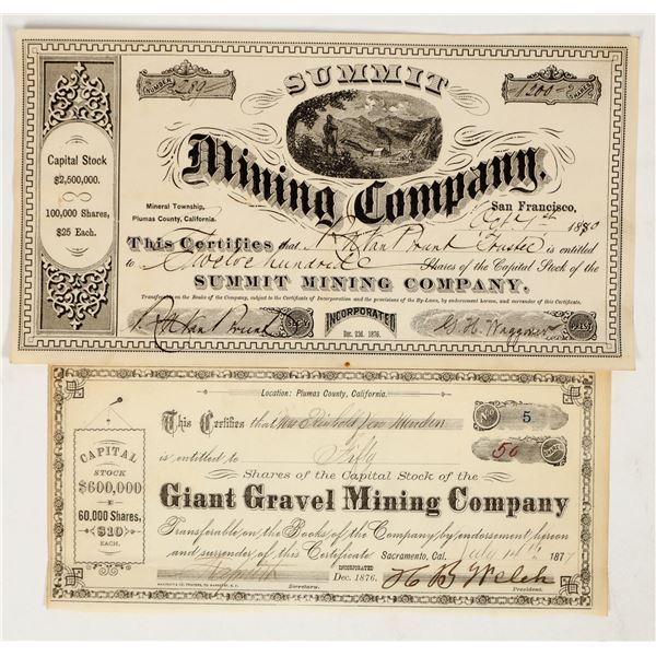 Two Different Rare Plumas County, California Mining Stock Certificates [195486]