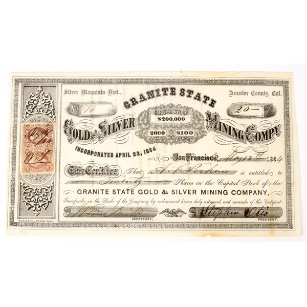 Granite State Gold & Silver Mining Co. Stock Certificate, Silver Mountain, 1864 [198147]