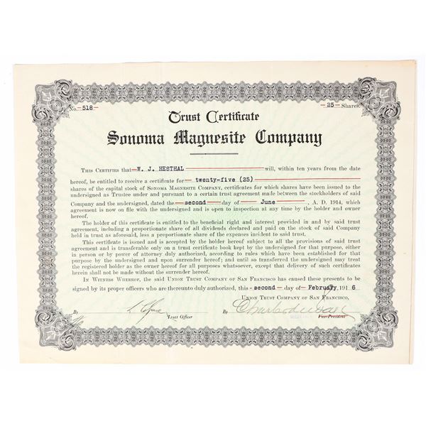 Sonoma Magnesite Company Stock Certificate, 1916 [200875]