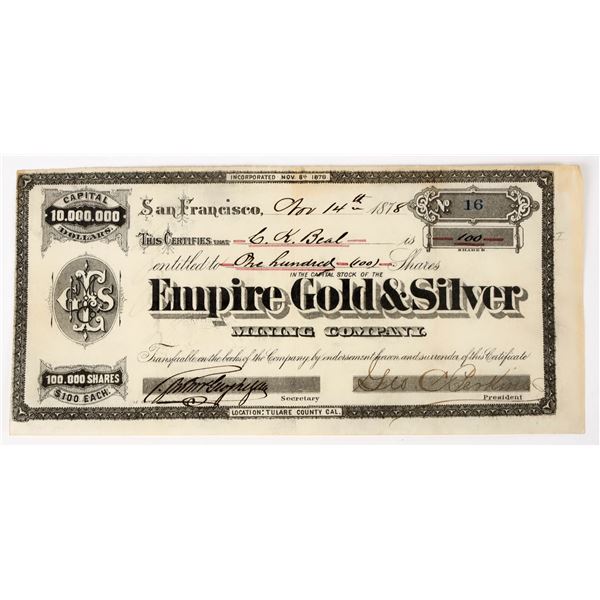 Empire Gold & Silver Mining Company Stock Certificate, 1878 [198132]