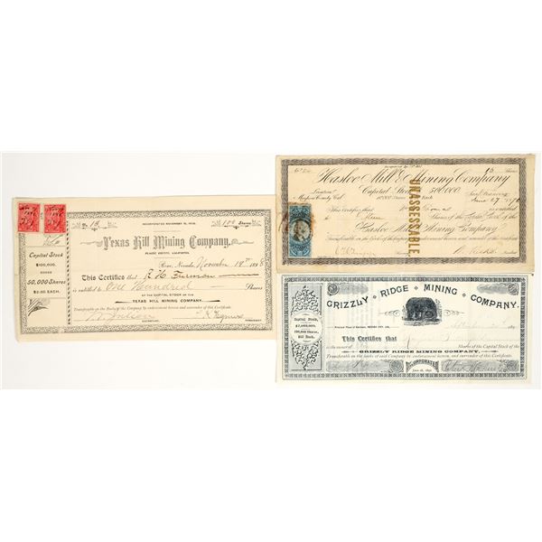 Three Different California Mother Lode Mining Stock Certificates [202738]