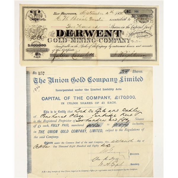 Two Different California Mother Lode Mining Stock Certificates [204626]