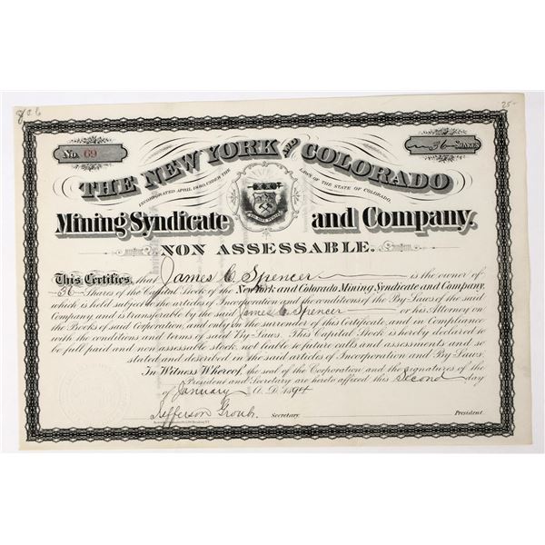 New York & Colorado Mining Syndicate & Company Stock Certificate 1894 [197983]