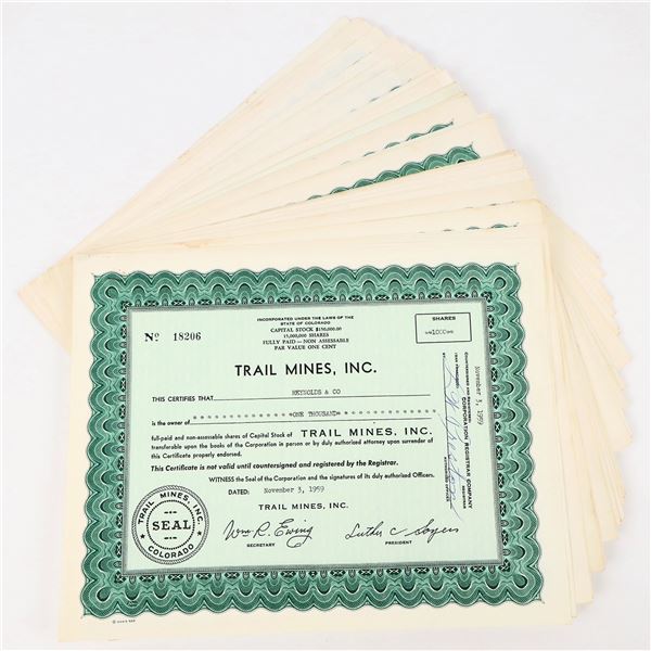 Trail Mines, Inc. Stock Certificates (~50) [198093]