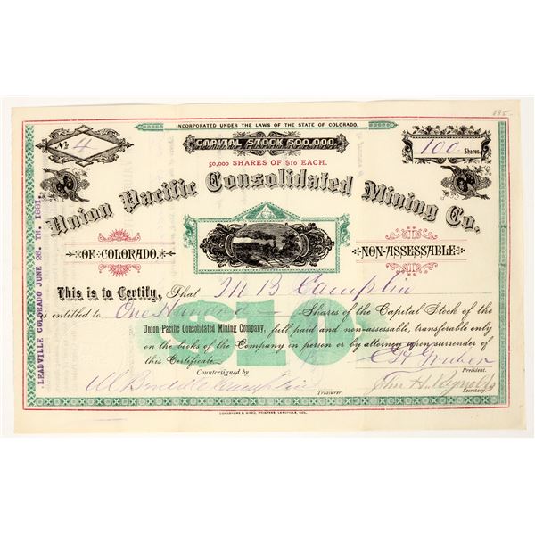Union Pacific Consolidated Mining Co. Stock Certificate, Leadville 1881 [205375]