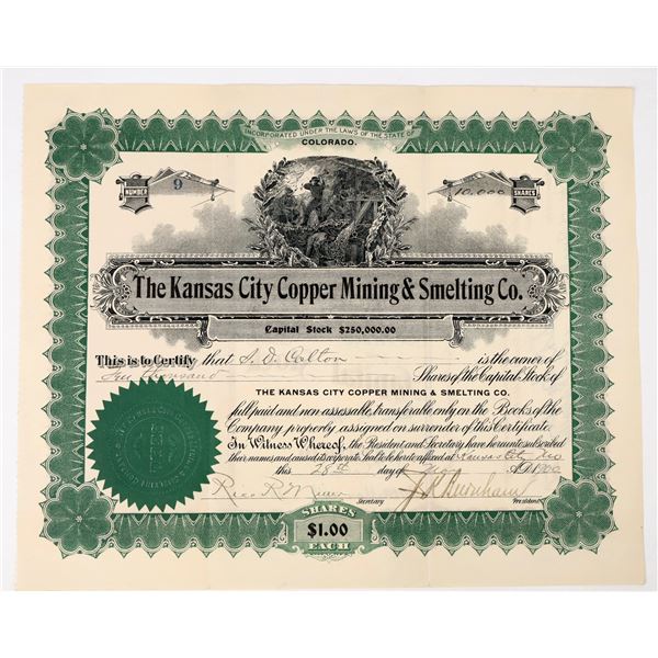 Kansas City Copper Mining & Smelting Co. Stock Certificate, 1900 [198130]
