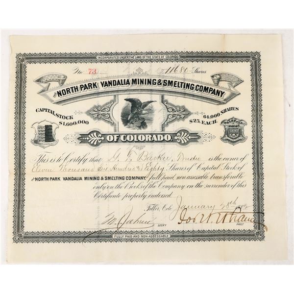 North Park Vandalia Mining & Smelting Co. Stock Certificate to Company President, 1882 [207329]