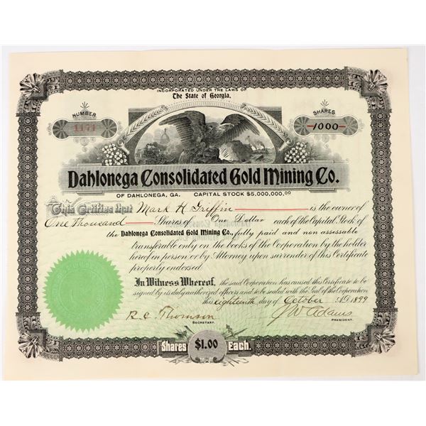 Dahlonega Consolidated Gold Mining Co. Stock Certificate, 1899 [198133]