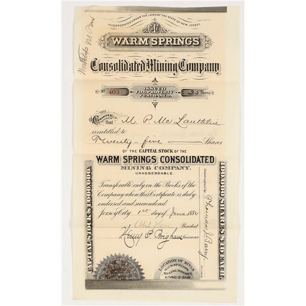 Warm Springs Consolidated Mining Company Stock Certificate, 1884 [204155]