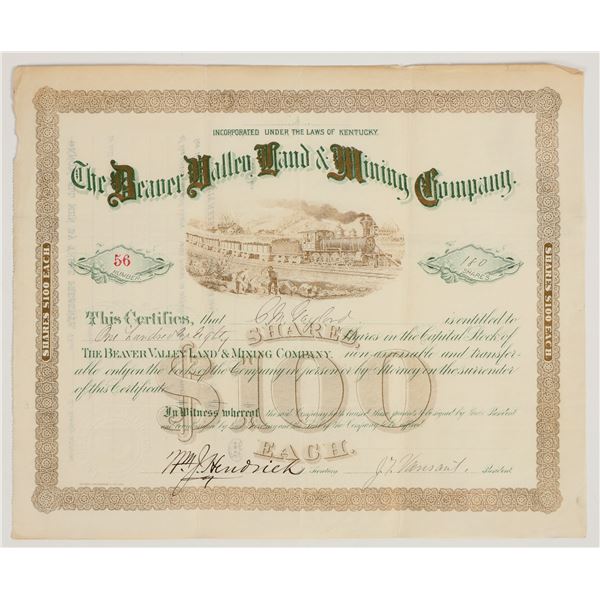 Beaver Valley Land & Mining Co. Stock Certificate, 1880s [205350]