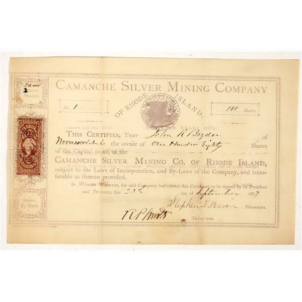 Camanche Silver Mining Company of Rhode Island Stock Certificate, 1867 [204827]