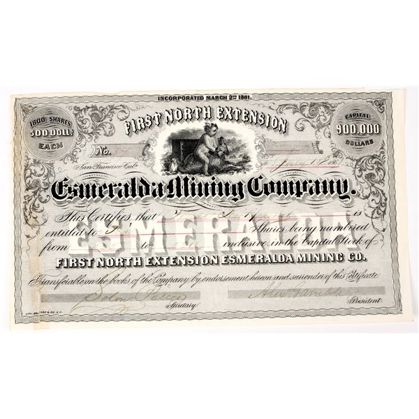 First North Extension Esmeralda Mining Co. Stock Certificate, Aurora, 1861 [198148]