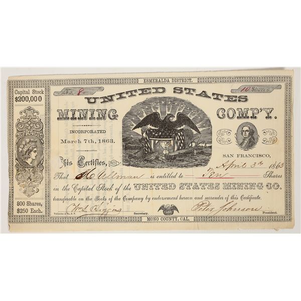 United States Mining Company Stock Certificate, Aurora, 1863 [205363]