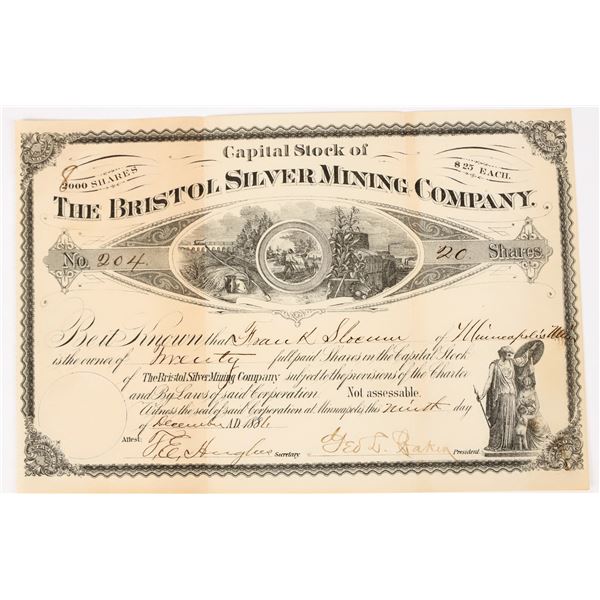 Bristol Silver Mining Company Stock Certificate, 1886 [198026]