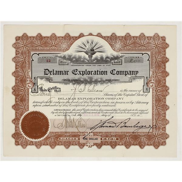 Delamar Exploration Company Stock Certificate, 1912 [195493]