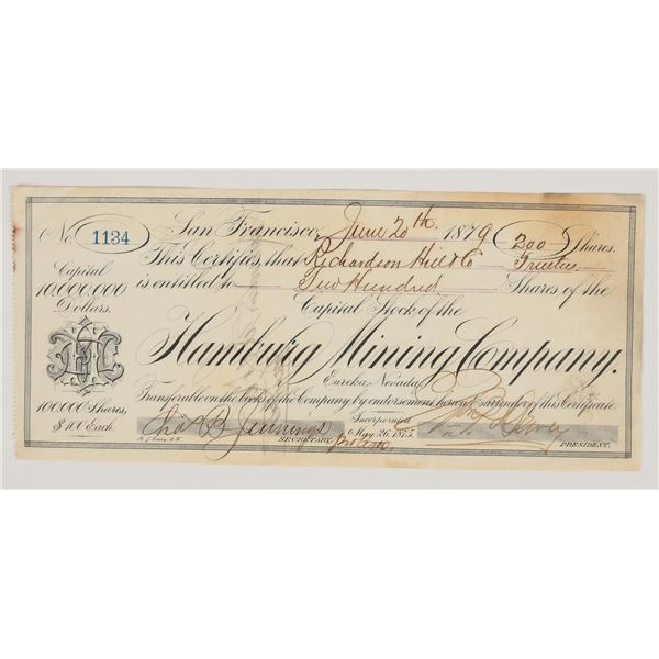 Hamburg Mining Company Stock Certificate, Eureka, Nevada, 1879 [205355]