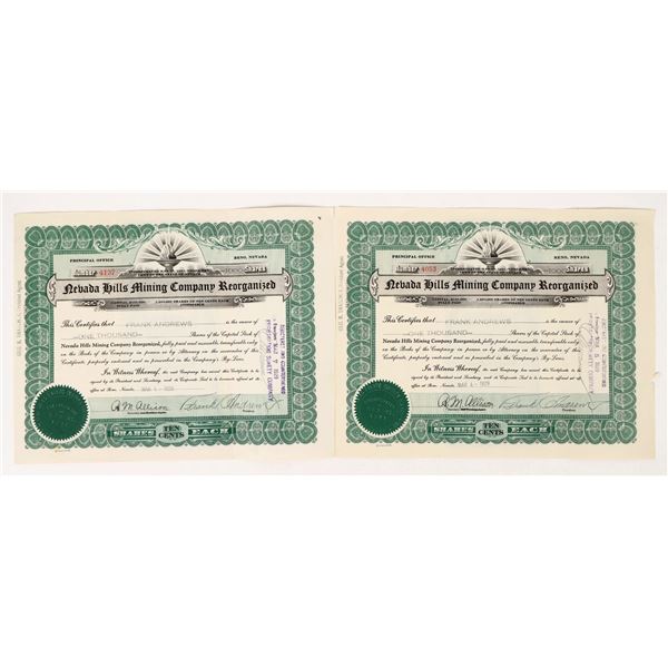Nevada Hills Mining Company Reorganized Stocks 1929 (2) [206237]