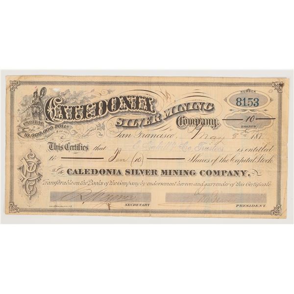 Caledonia Silver Mining Company Stock Certificate, Gold Hill, Nevada, 1877 [205354]