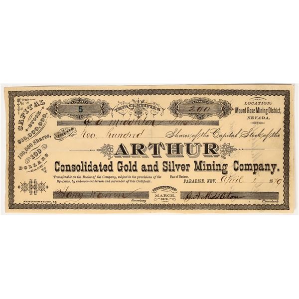 Arthur Consolidated Gold & Silver Mining Co. Stock Certificate, 1879 [195875]