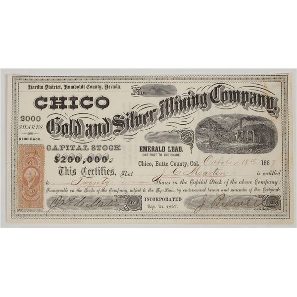 Chico Gold & Silver Mine Stock Certificate Signed by Bidwell 1867 [205455]