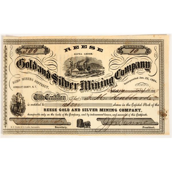 Reese Gold & Silver Mining Company Stock Certificate, 1869 [205205]