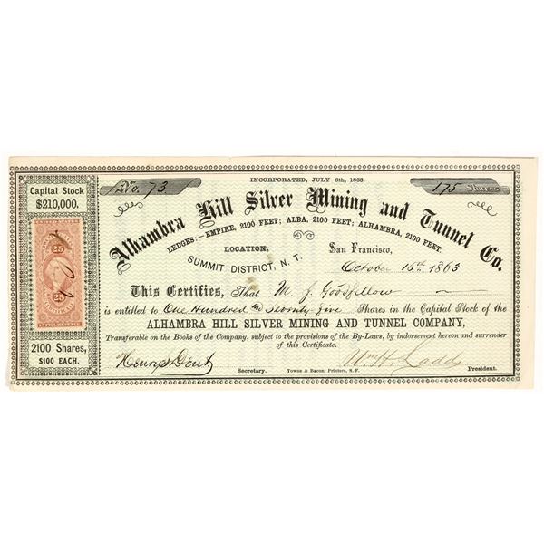 Alhambra Hill Silver Mining & Tunnel Co. Stock Certificate, Nevada Territory, 1863 [195871]