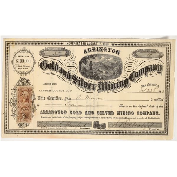 Arrington Gold & Silver Mining Co. Stock Certificate, Lander County, Nevada Territory 1863 [204816]