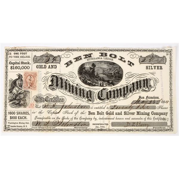 Ben Bolt Mining Company Stock Certificate, 1864, Nevada Territory [198142]