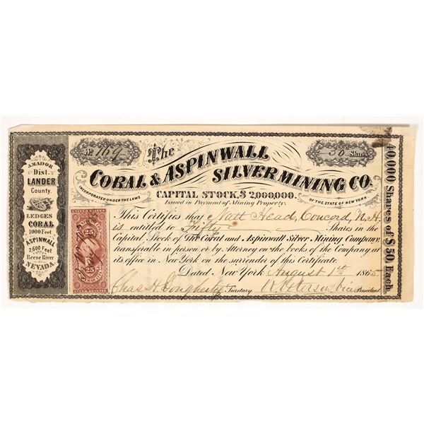 Coral & Aspinwall Silver Mining Company Stock Certificate, 1865 [203939]