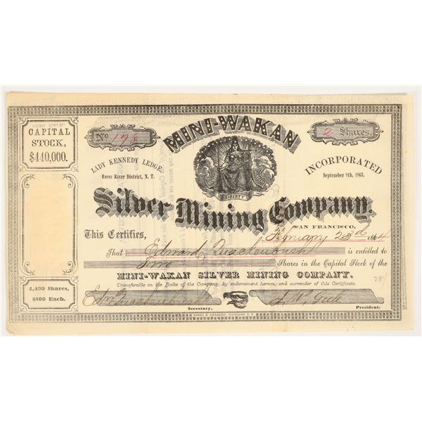 Mini-Wakan Silver Mining Company Stock Certificate, Reese River, Nevada Territory, 1864 [205365]