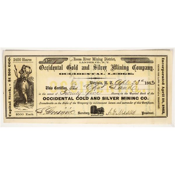 Occidental Gold & Silver Mining Co. Stock Certificate, Nevada Territory, 1863 [203933]