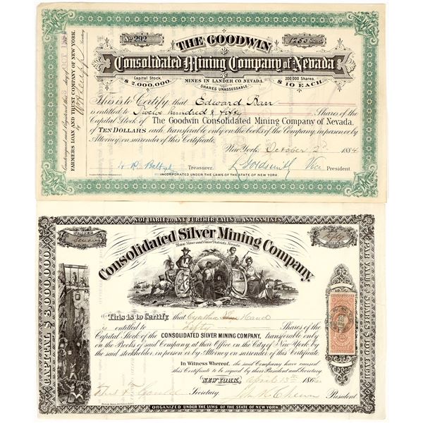 Two Different Lander County, Nevada Mining Stock Certificates, 1860s-80s [203537]